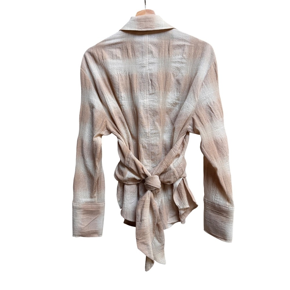 Zara Beige Textured Ruched Button Down Shirt Top Gauze Coastal Cotton Blend M - Picture 5 of 13